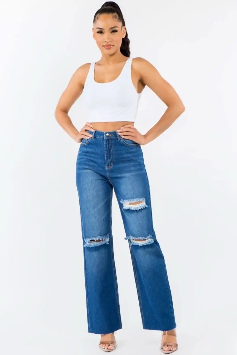 American Bazi High Waist Distressed Wide Leg Jeans - Love Salve